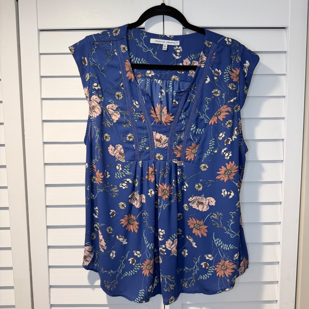 Collective Concepts Blue Floral Lace Trim V‎ Neck Sleeveless Tunic Top Plus XXL